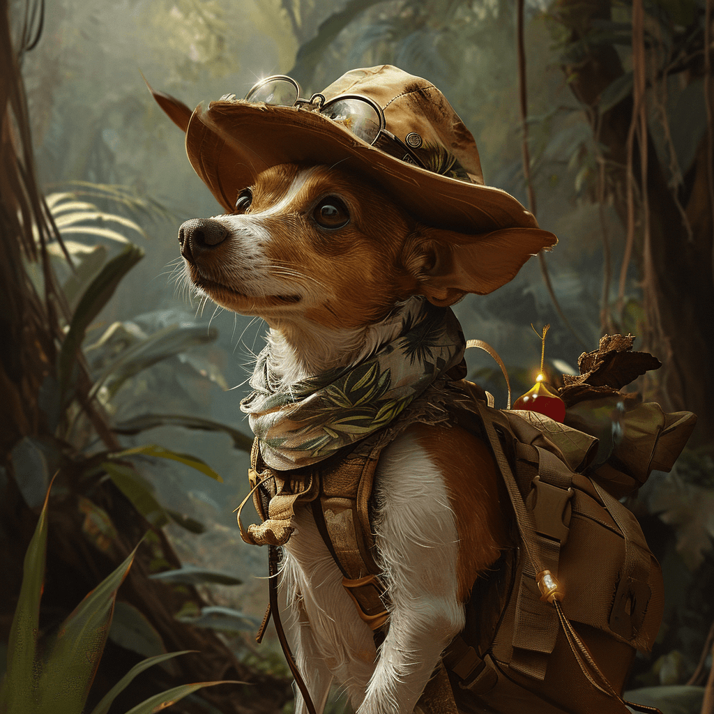 ai image generator prompt: a brown rat terrier dressed as a jungle explorer, digital art