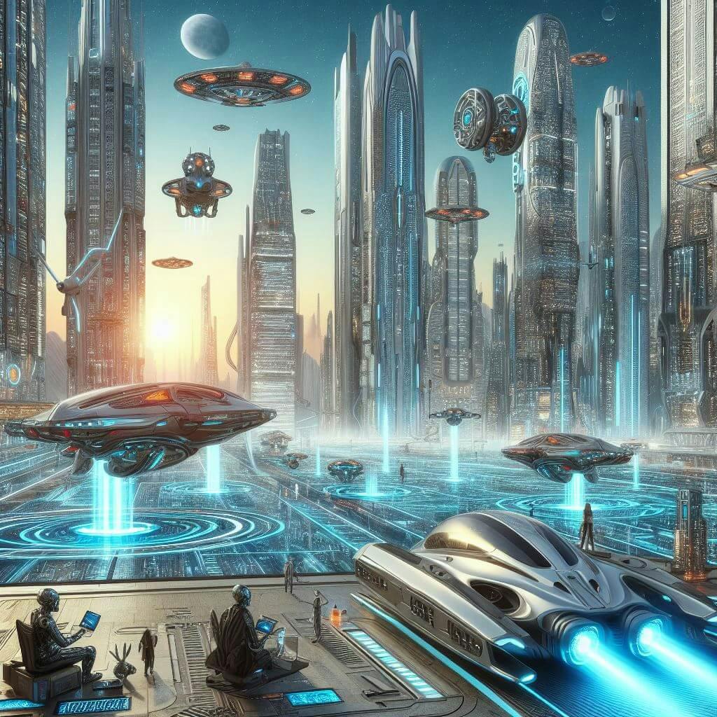 ai image generator prompt: futuristic scene with skyscrapers, hovercrafts and robots