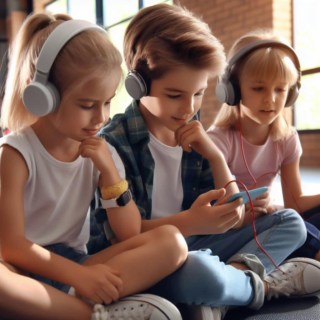 ai image generator prompt: children listening to music in the gym