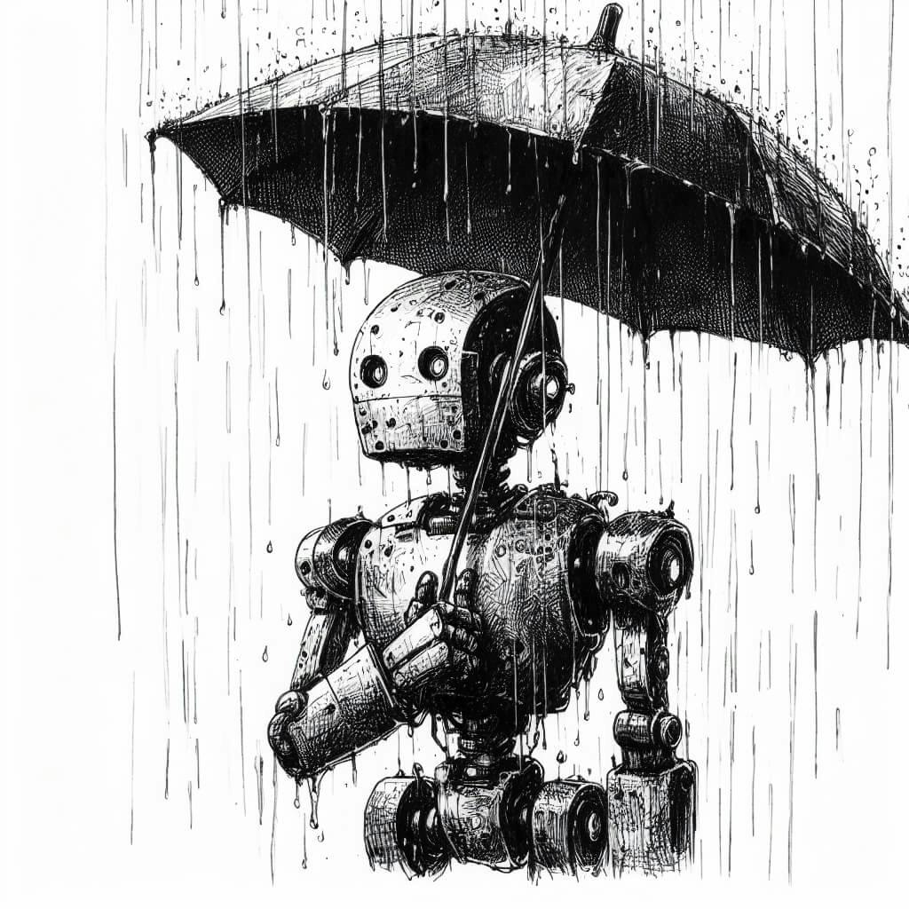 ai image generator prompt: robot holding an umbrella in the rain, ink drawing