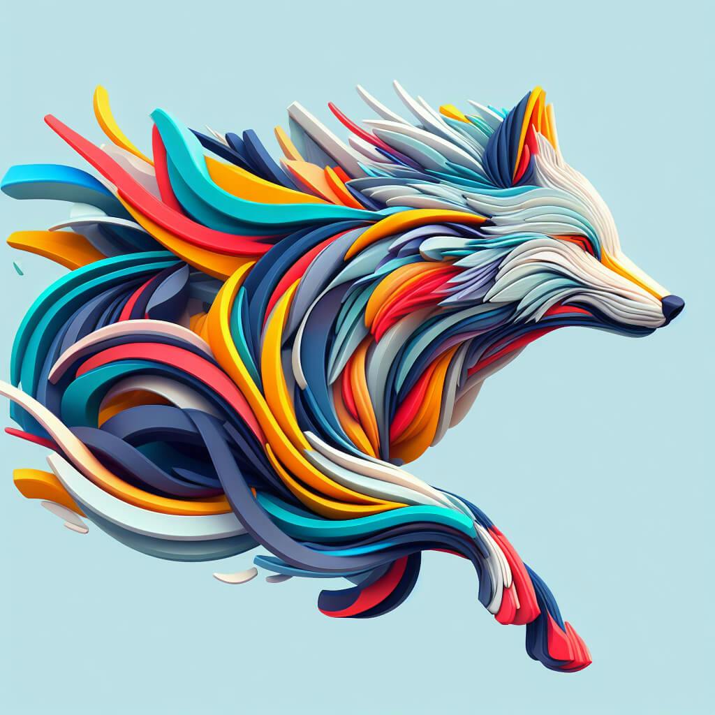 ai image generator prompt: a wolf, minimalistic colorful organic forms, energy, assembled, layered, depth, alive vibrant, 3D, abstract, on a light blue background 