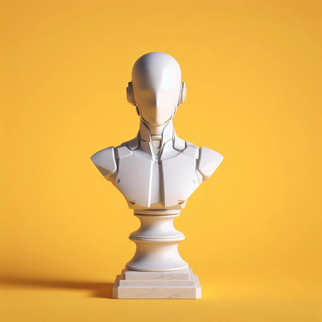 ai image generator prompt: a white marble bust of robot on a yellow background, 3d