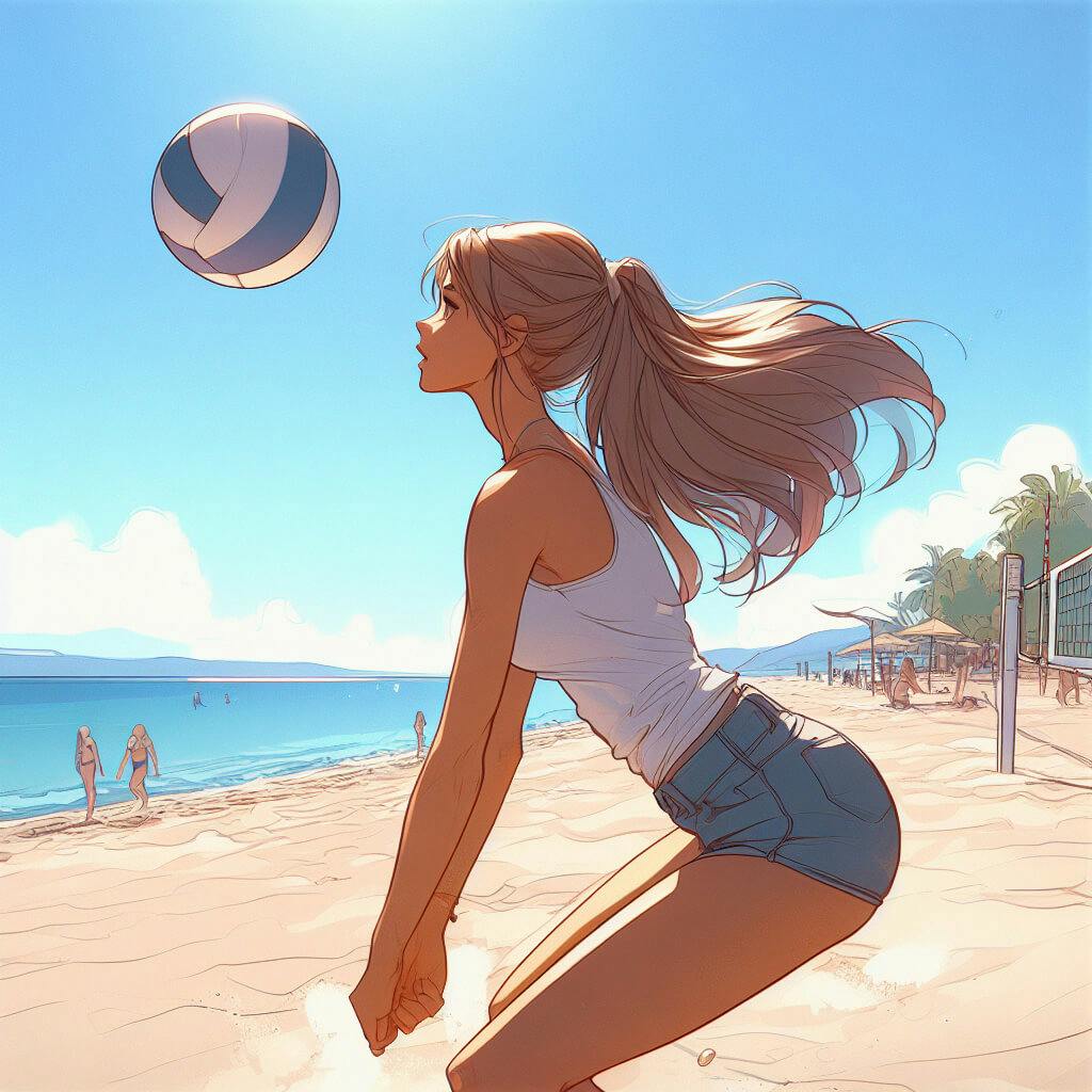 ai image generator prompt: a girl, At the beach, play volleyball