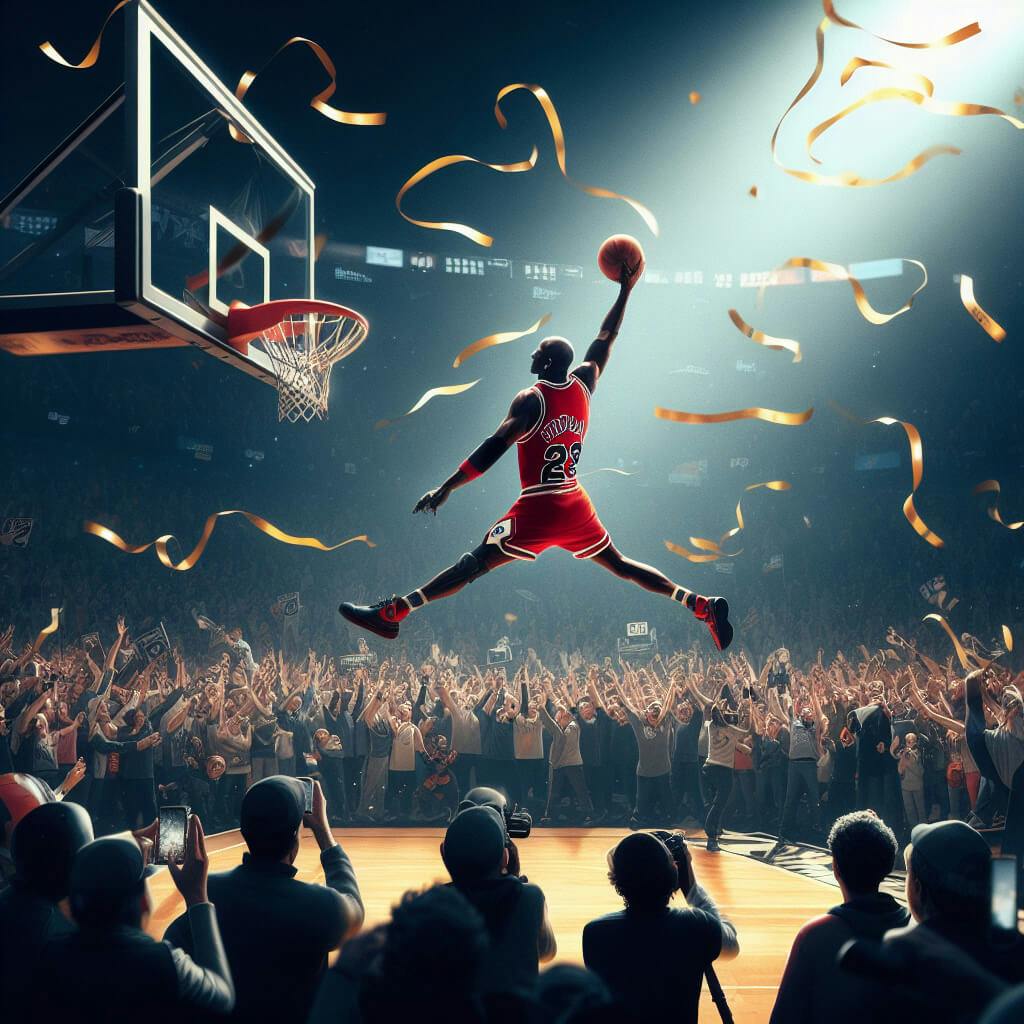 ai image generator prompt: Jordan's free throw line spin slam dunk, flying ribbons in the air, cheering spectators, moment of ultimate victory