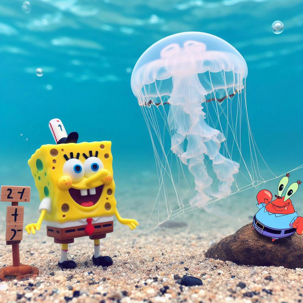 ai image generator prompt: SpongeBob SquarePants and Pi Daxing Catching Jellyfish