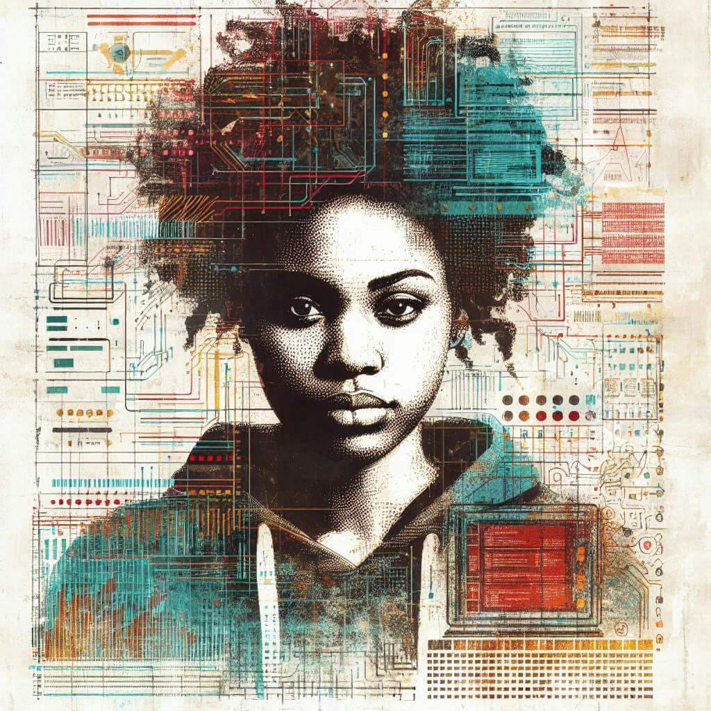 ai image generator prompt: a mixed media portrait of a female african american computer programmer, digital art, screen print, wheat paste poster