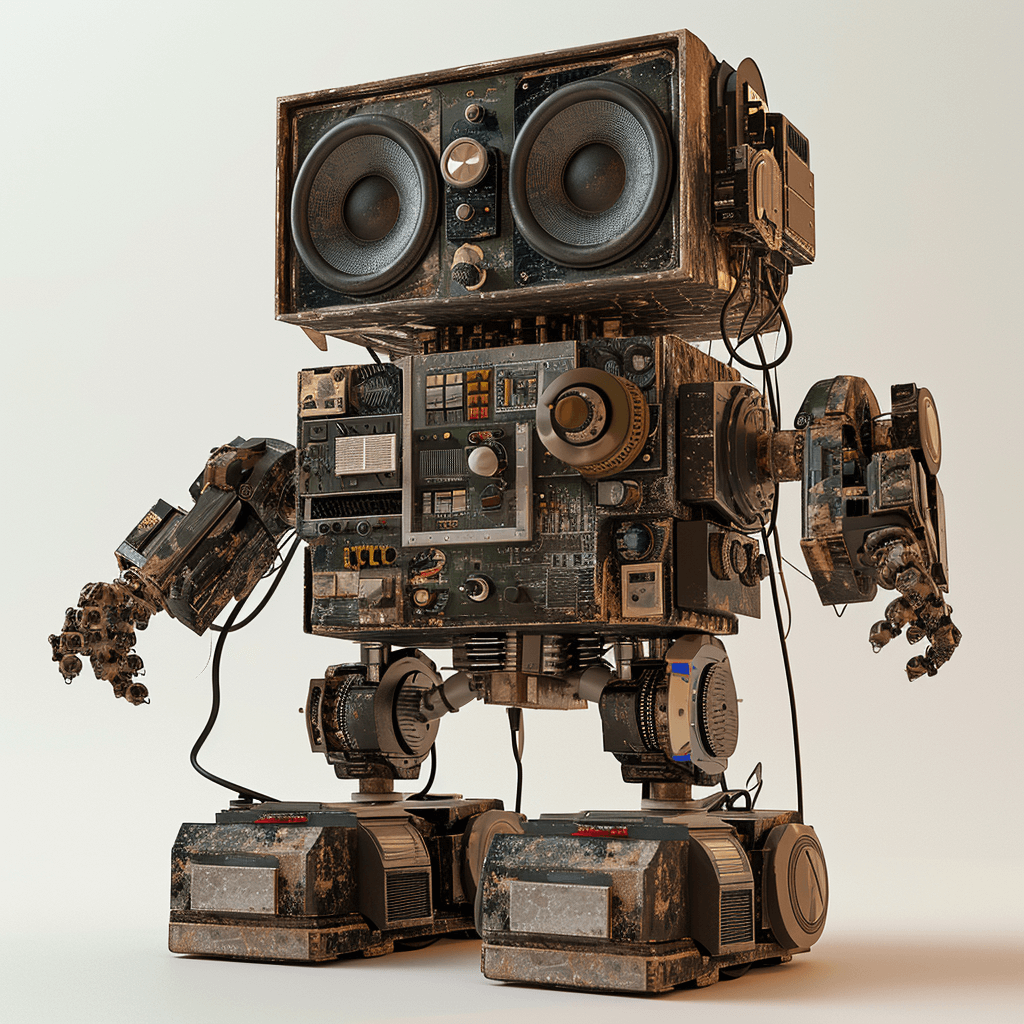 ai image generator prompt: robot made of analog stereo equipment, digital art