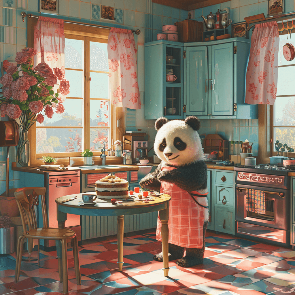 ai image generator prompt: a panda bear baking a cake in a sunny kitchen, digital art