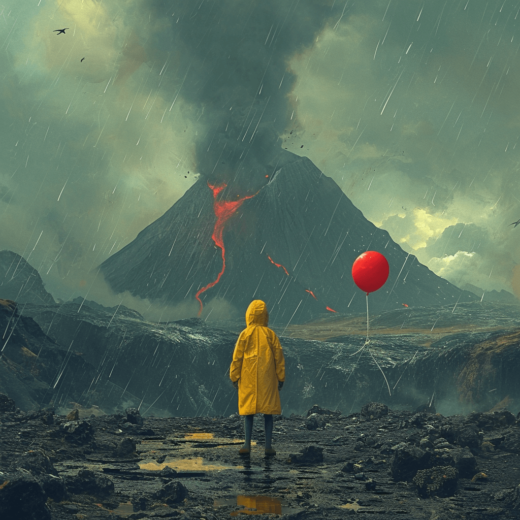 ai image generator prompt: a boy wearing a yellow rain coat holding a red ballon, standing in front of a smokey volcano, digital art