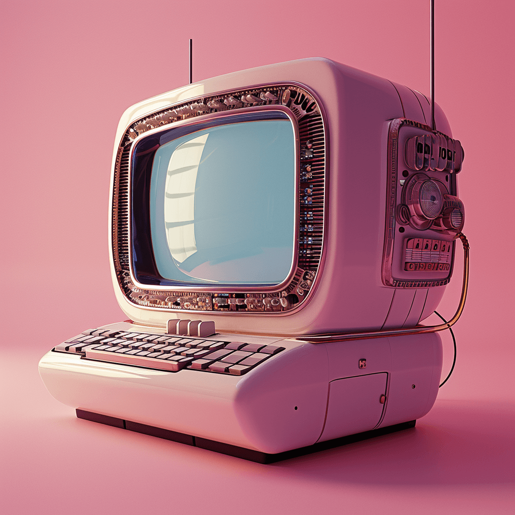 ai image generator prompt: old 1950s computer on a pink background, retro futurism